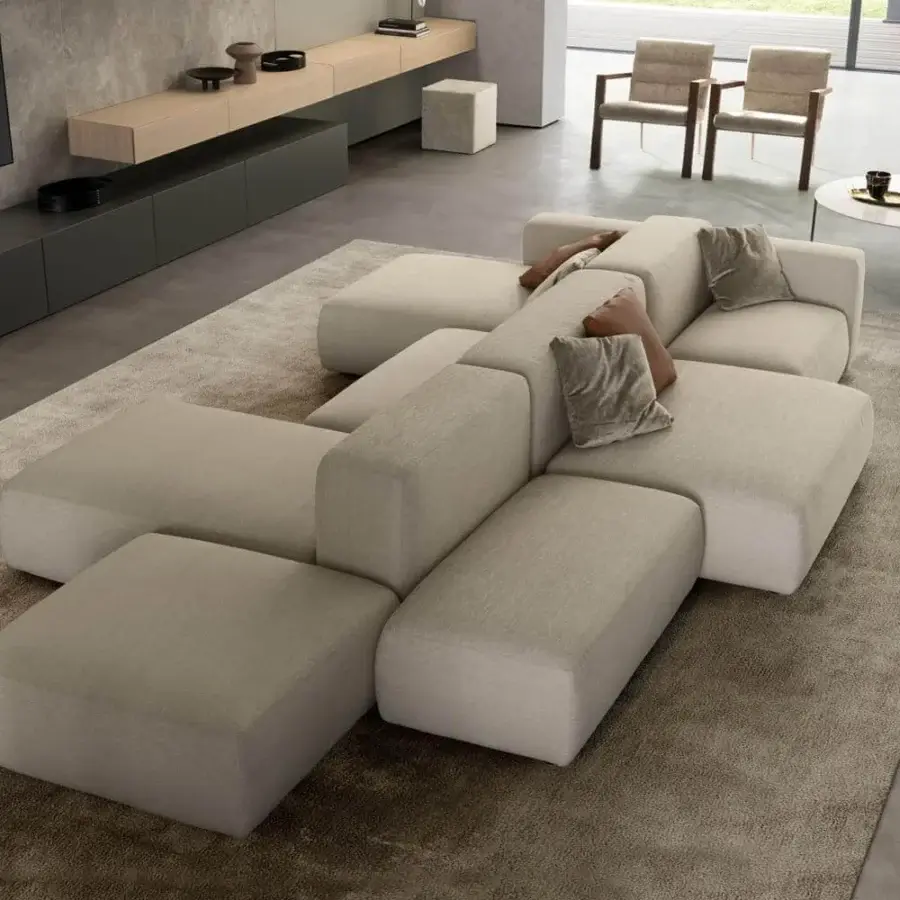 Superior Presotto Kos sectional with a low profile and geometric silhouette crafted in light beige woven fabric with a fir wood frame