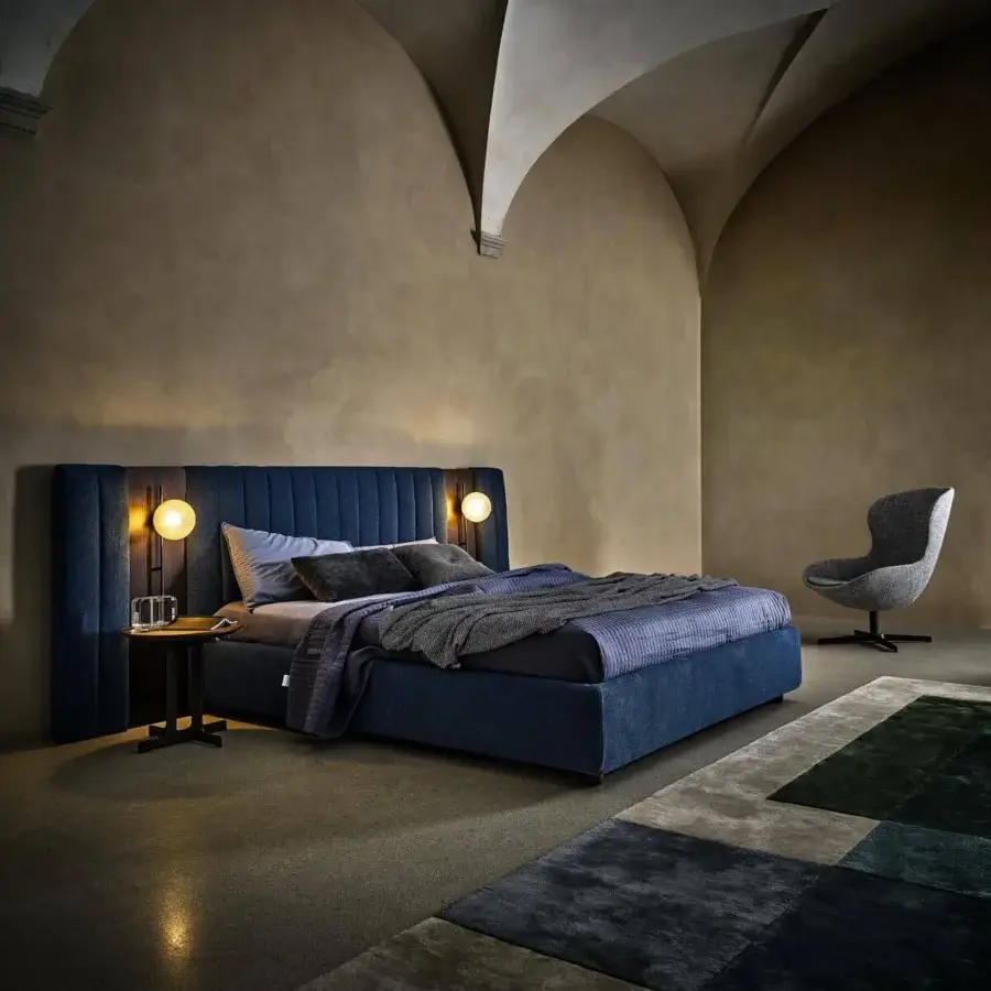 Distinguished Ditre Italia Otello bed with modular headboard upholstered in dark blue textile and matte finish