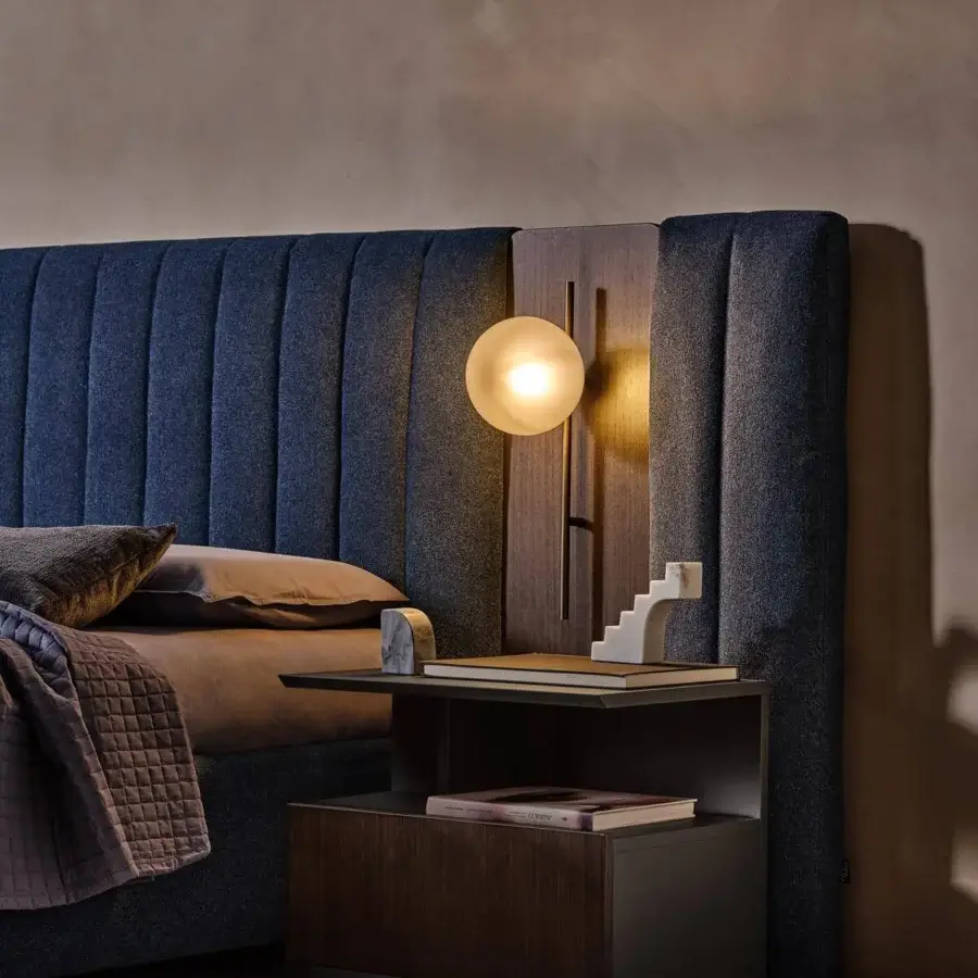 Exceptional Ditre Italia Otello bed with a modular headboard upholstered in textured dark blue fabric and matte wood accents