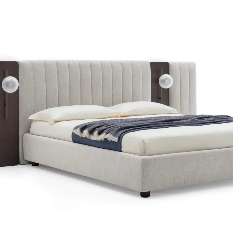 Sophisticated Ditre Italia Otello bed with adjustable headboard upholstered in light grey refined textile and dark wood accents