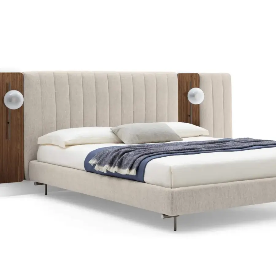 Distinguished Ditre Italia Otello bed with modular headboard upholstered in light beige textile and dark wood panels integrating spherical light fixtures