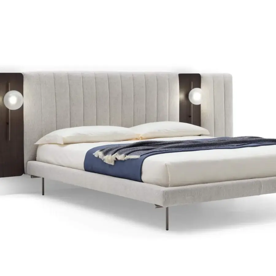Exceptional Ditre Italia Otello bed with light gray fabric and dark wood panels, each built with integrated lighting