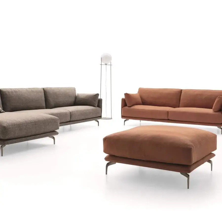 Superior Ditre Italia Krisby sofa, a contemporary seating design upholstered in smooth brown material with elegant metal alloy feet