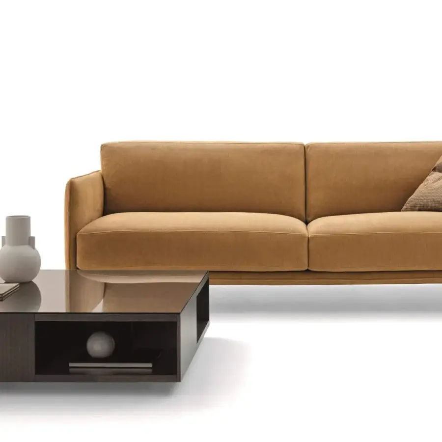 Elegant Ditre Italia Krisby sofa, a seating design upholstered in matte tan textile with flowing metal alloy feet