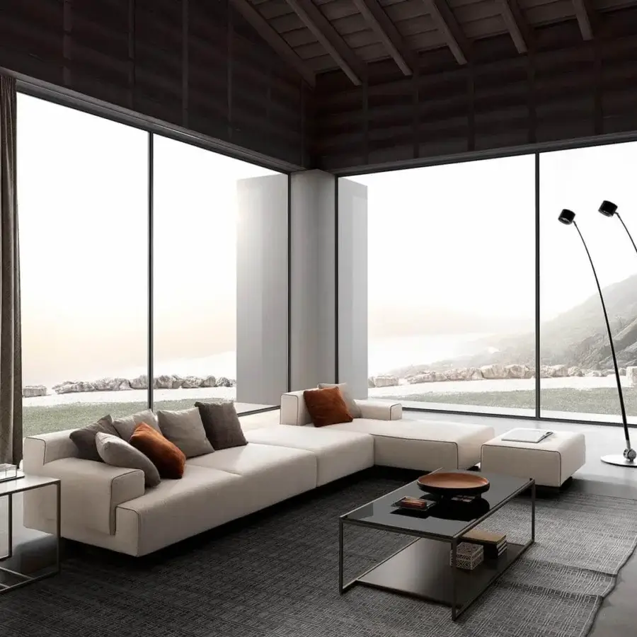 Sophisticated Presotto Leros sectional with removable fabric covers, light beige textile and contrasting brown rust cushions, plus peltro varnished feet
