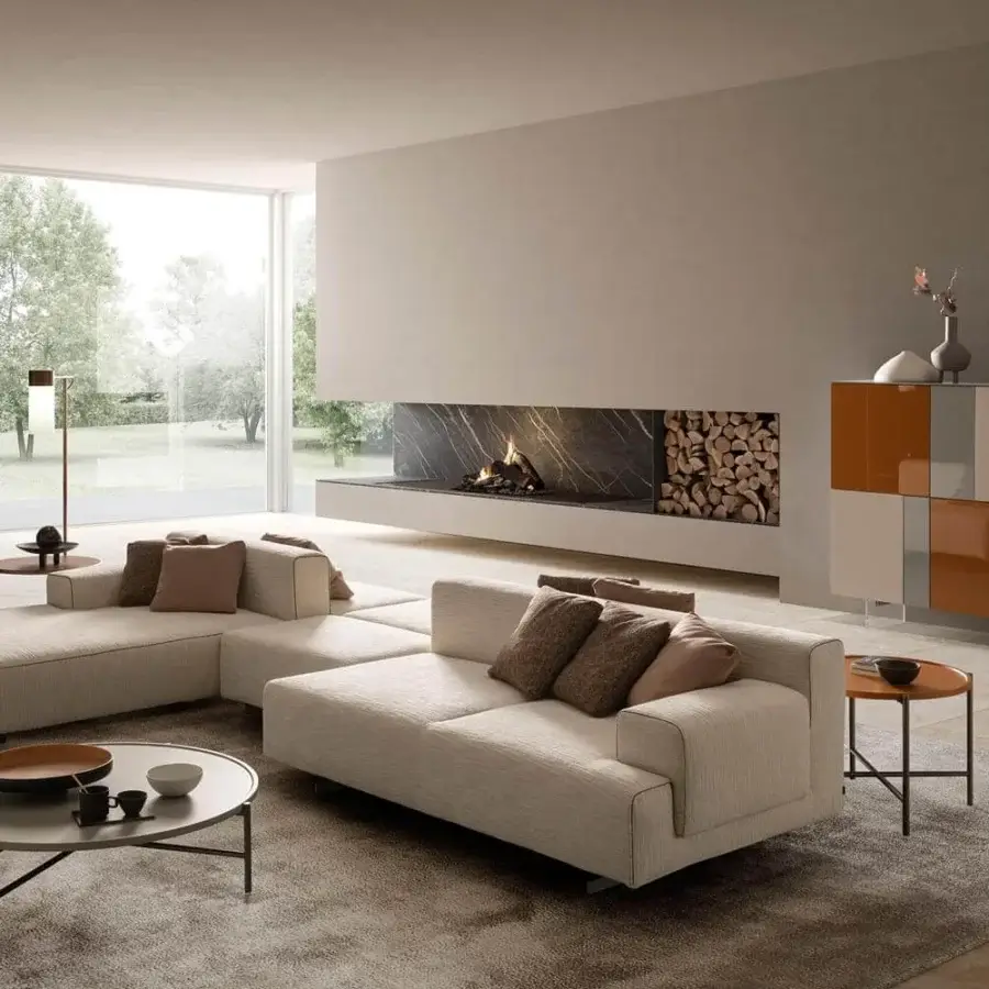 Exclusive Presotto Leros sectional with light beige woven textile upholstery and refined peltro varnished metal feet