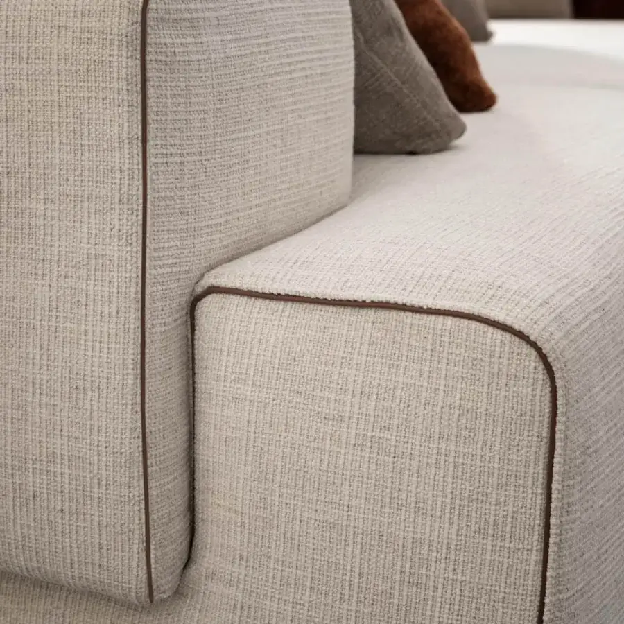 Distinguished Presotto Leros sectional in light beige woven fabric with peltro varnished metal feet and dark brown trim