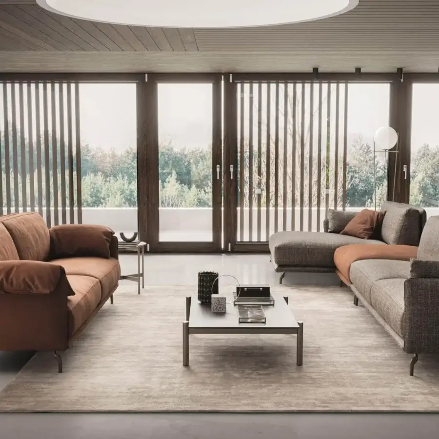 Lavish Ditre Italia Krisby sectional with tan-brown and textured grey textile upholstery, flowing metal alloy feet and plush cushions