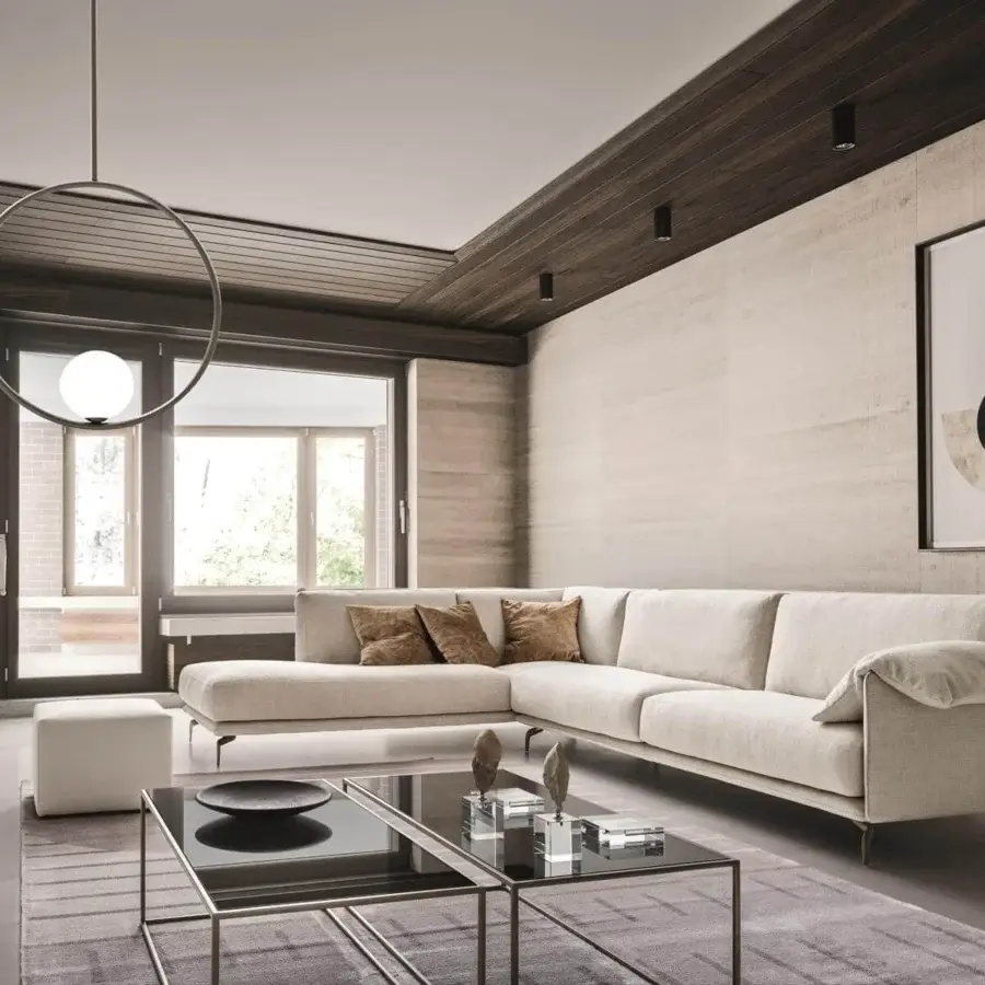 Superior Ditre Italia Krisby sectional with flowing metal alloy feet and light beige textile upholstery