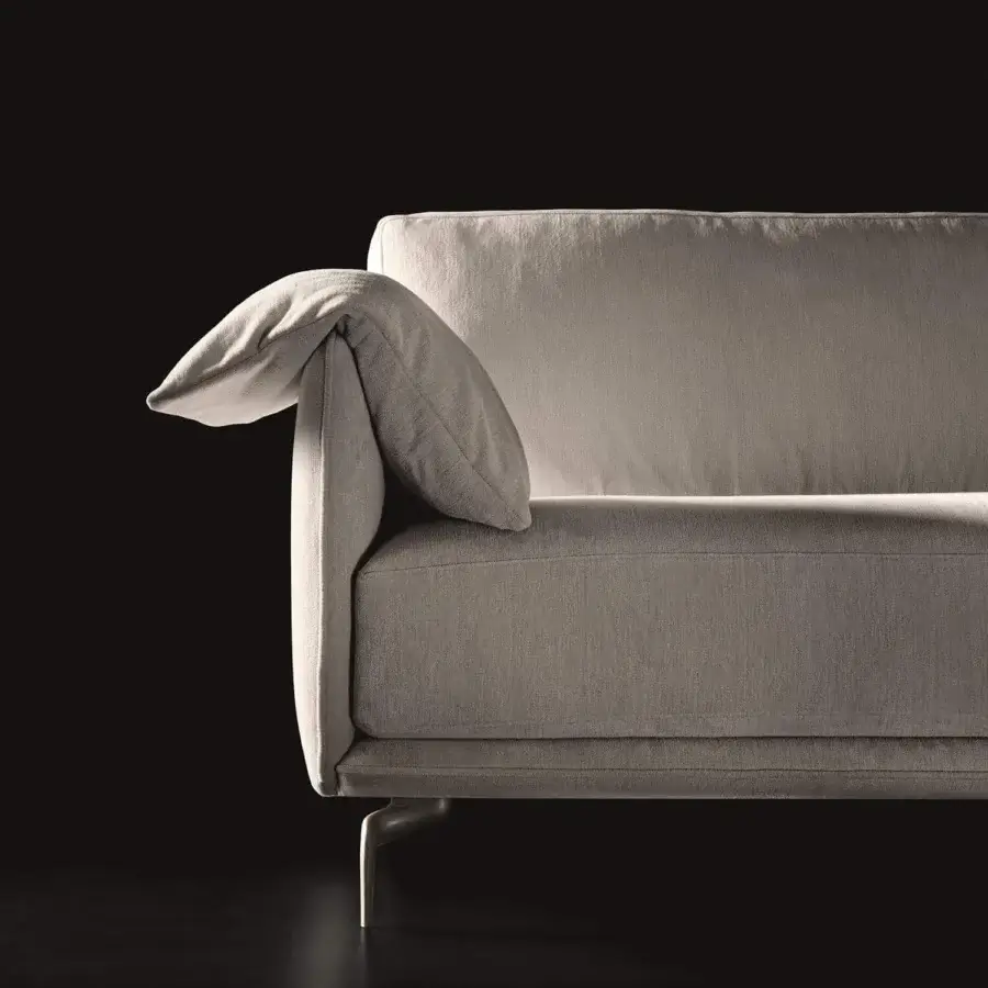 Elegant Ditre Italia Krisby sectional in light neutral textile with slender metal alloy feet and geometric silhouette