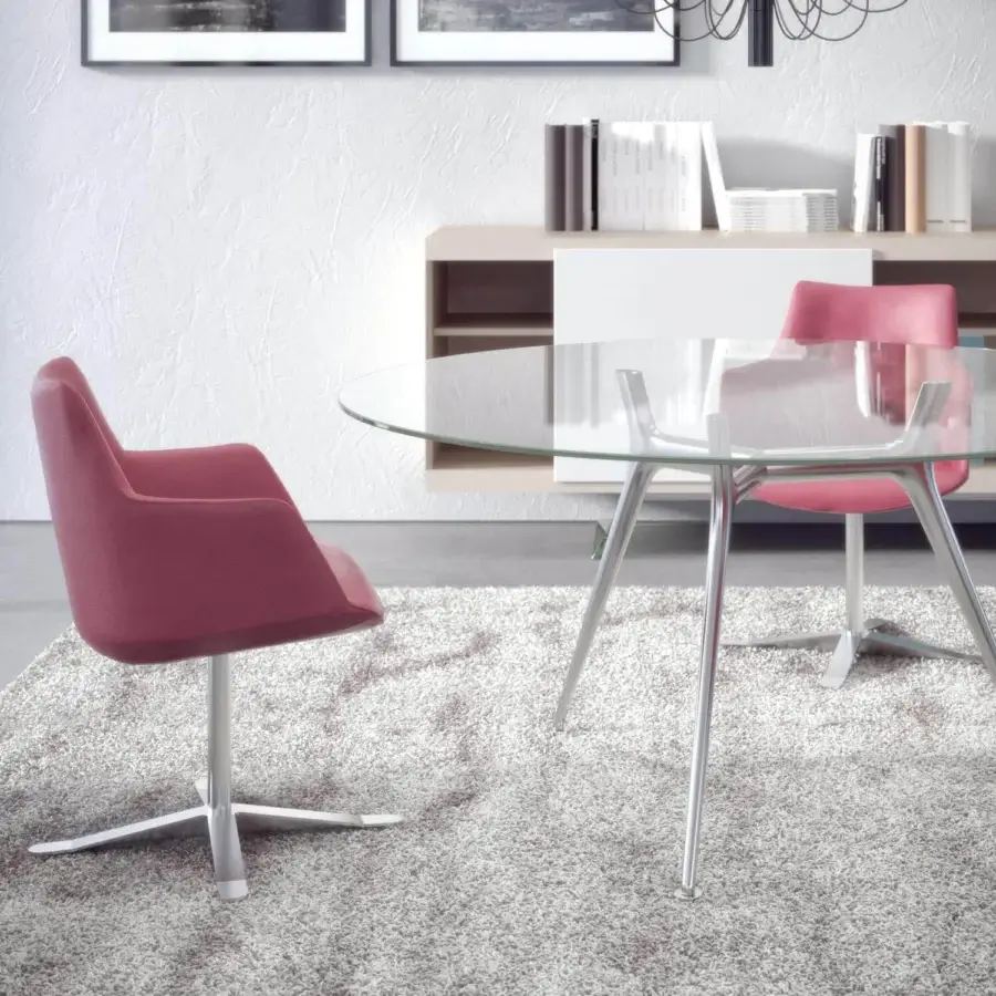 Superior Presotto P016 table with round transparent glass top and glossy metal angled legs