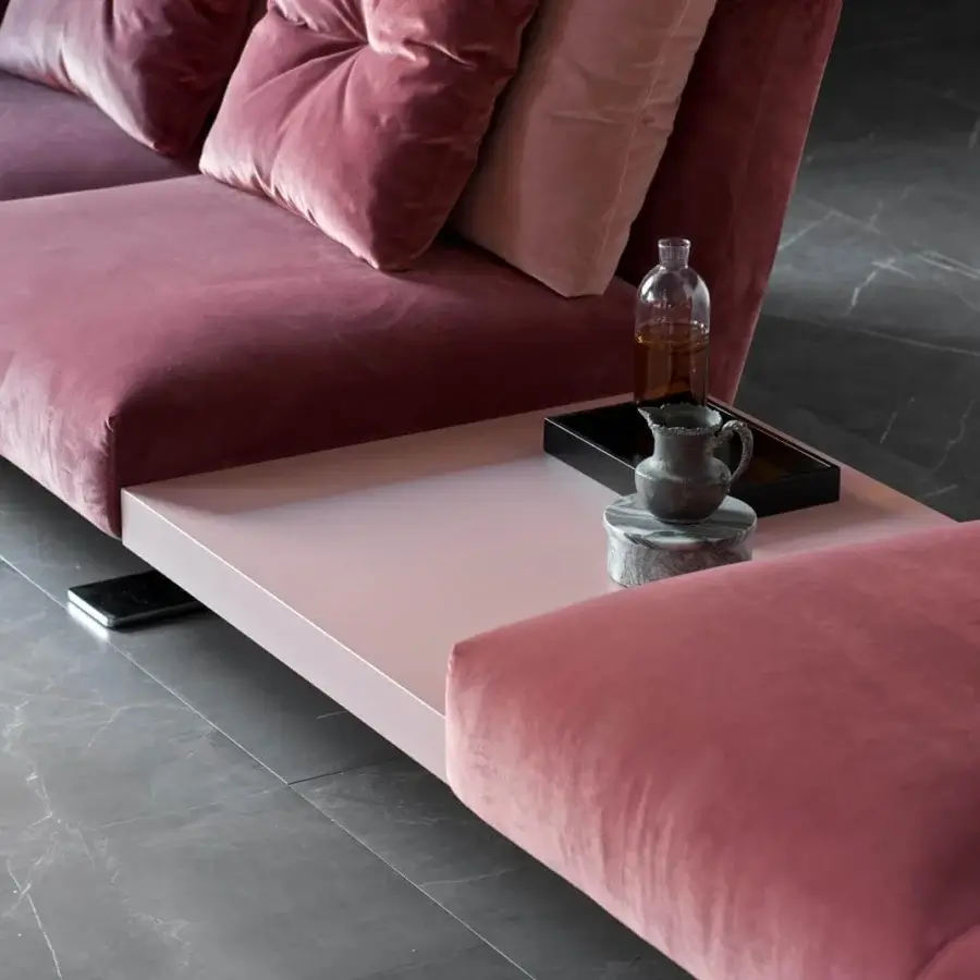 Captivating Presotto Saint Barth sectional with muted pink textile upholstery and matt lacquered coffee tables with metal Peltro bases
