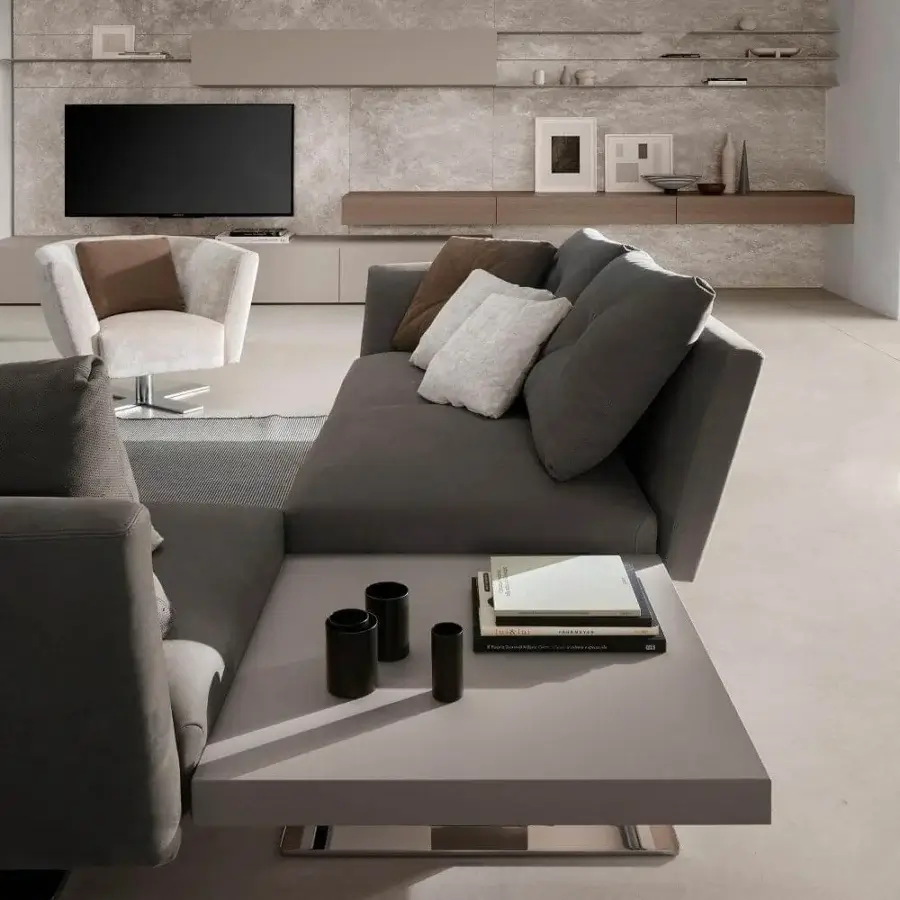 Exceptional Presotto Saint Barth sectional with medium gray fabric upholstery and refined metal Peltro finish