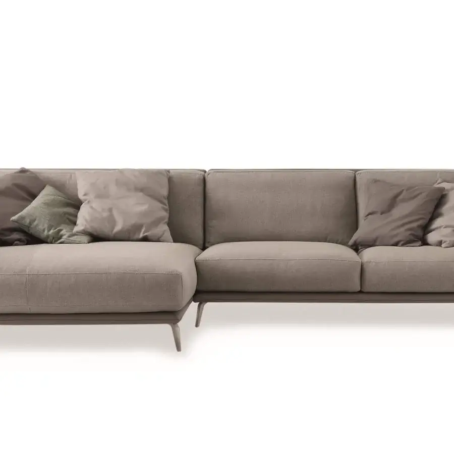 Elegant Ditre Italia Kris sectional upholstered in smooth light brown textile with stylish metal feet and loose cushions in brown and sage green