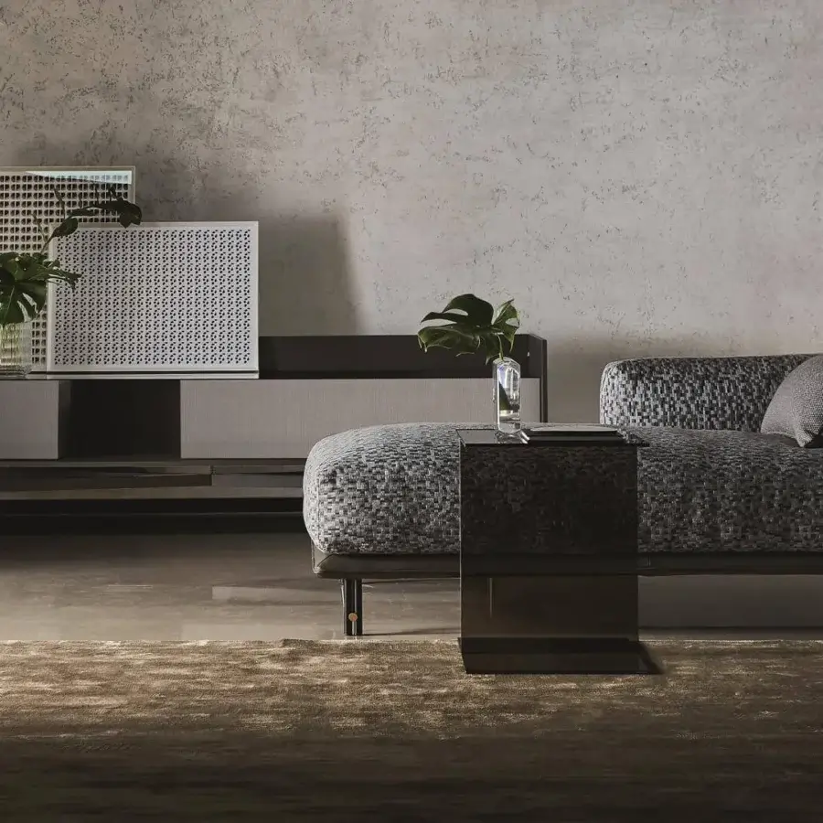 Stylish Ditre Italia Kris chaise lounge with patterned gray and black textile upholstery and contemporary metal feet