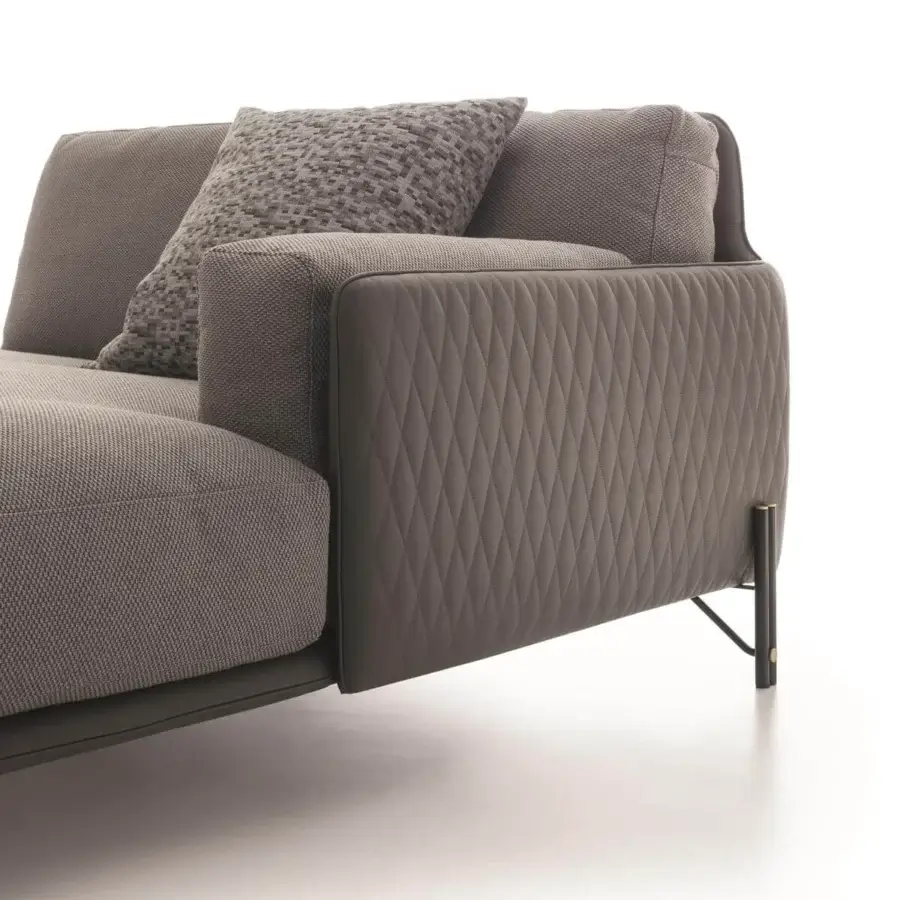 Exceptional Ditre Italia Kris chaise lounge with textured gray textile upholstery and diamond quilted armrest with angled black metal legs