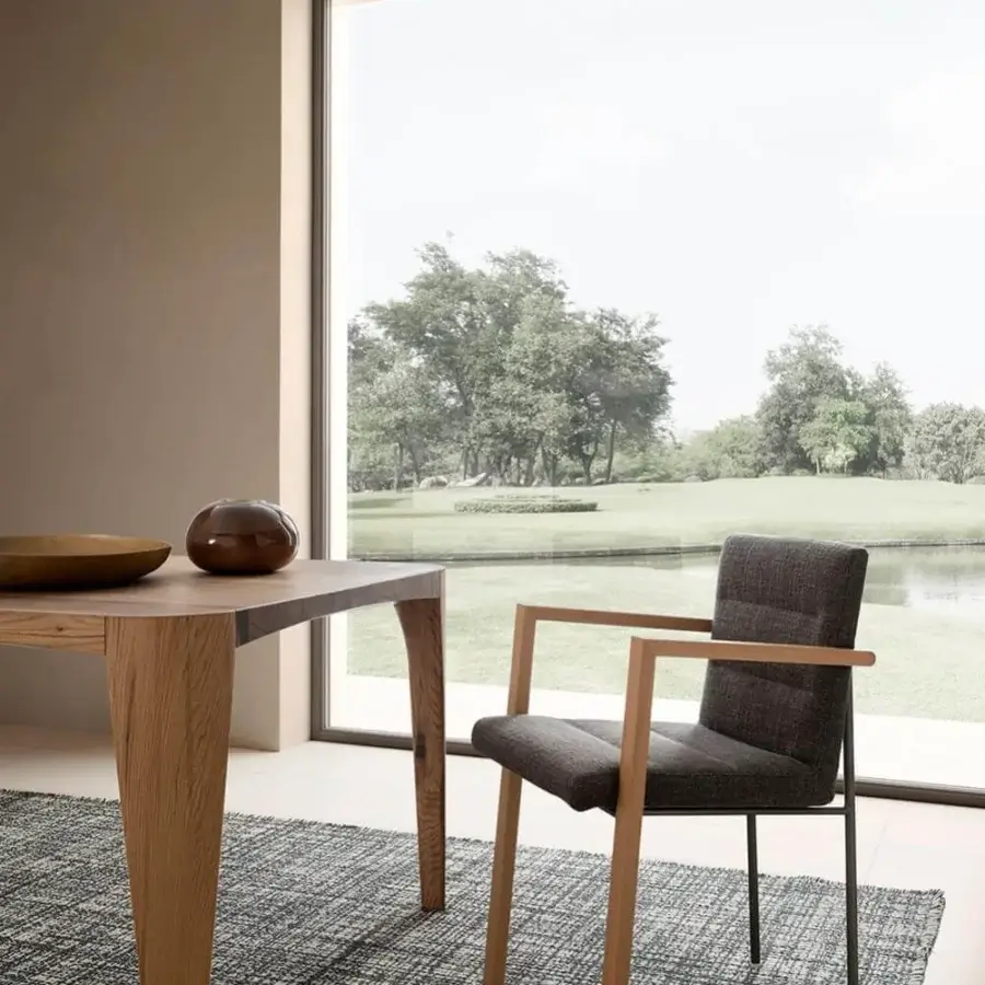 Sophisticated Presotto Vega armchair with dark gray ribbed textile and light natural wood with dark metal legs
