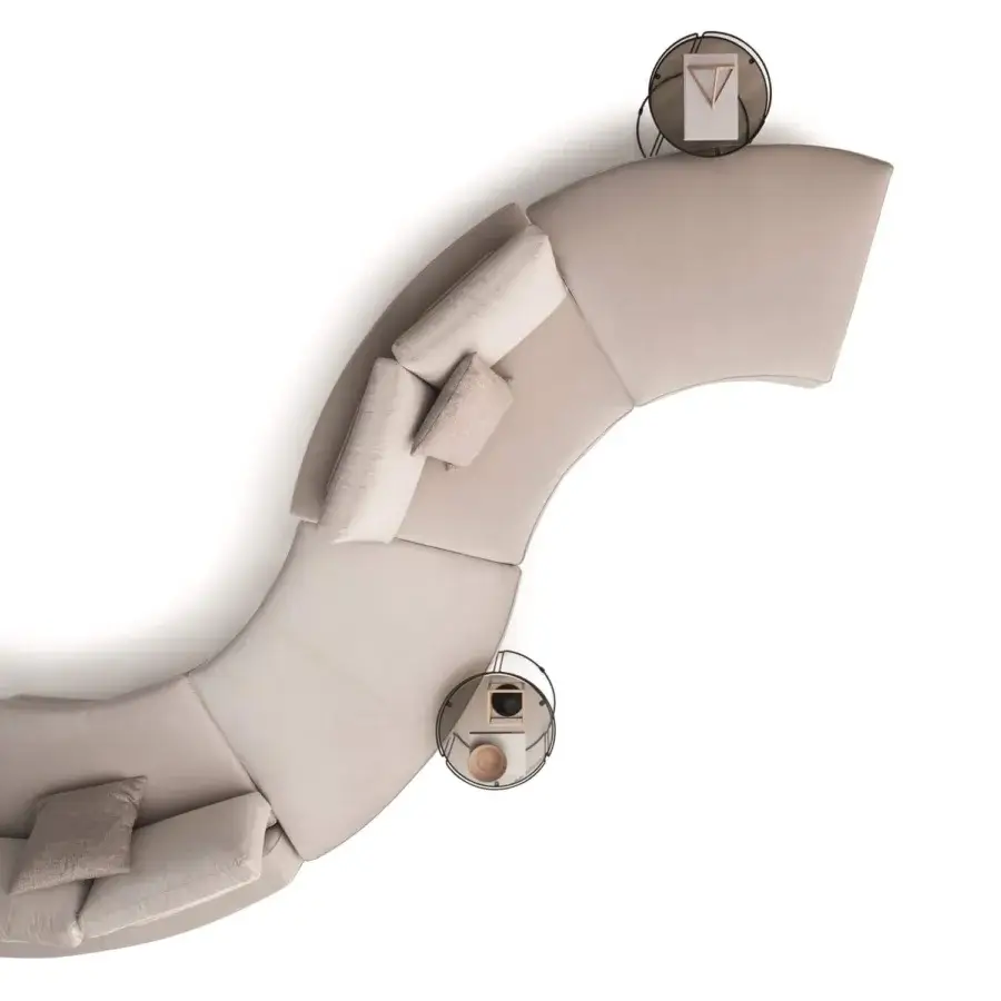 Exclusive Ditre Italia Loman sectional with a curved silhouette upholstered in light beige fabric and lacquered metal