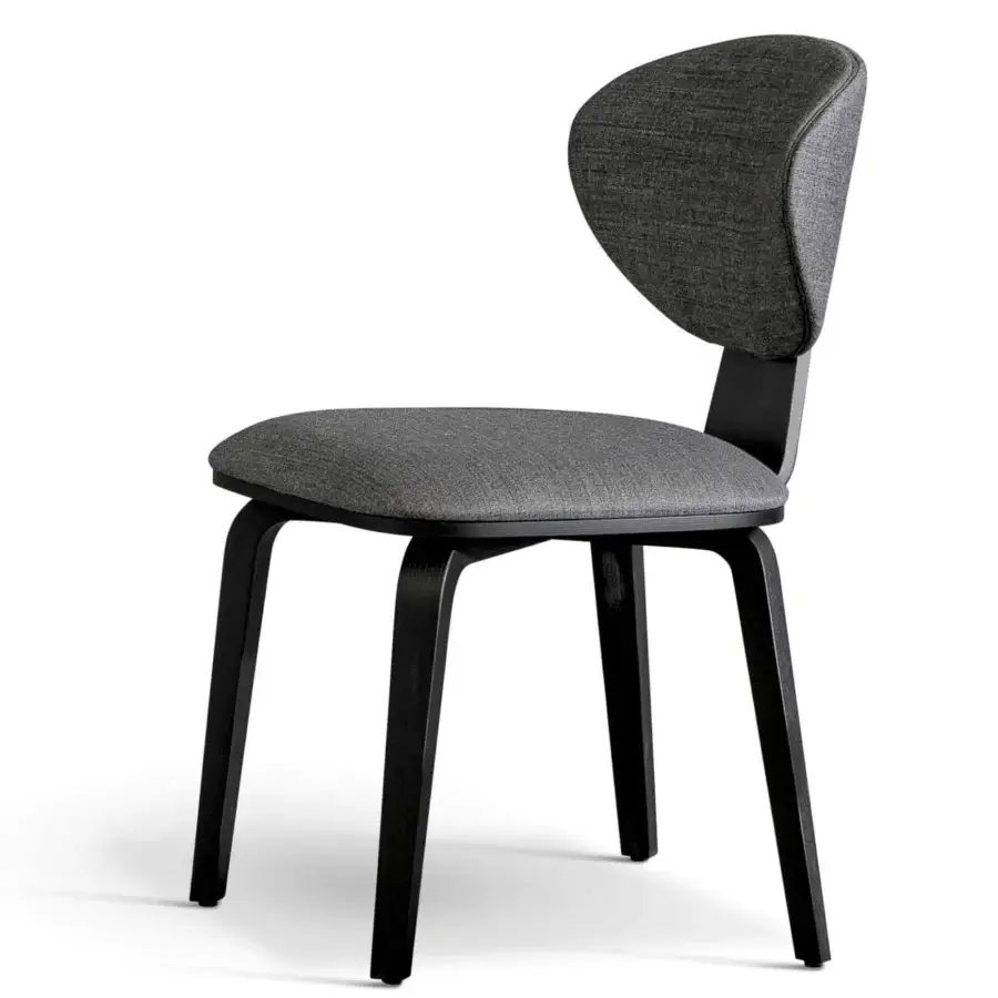 Exceptional Bonaldo Olos chair with sinuous form, medium-gray woven fabric upholstery and coal ash wood frame