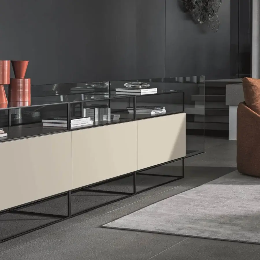 Architectural Ditre Italia Unit sideboard with alternating beige cabinet doors and glass display compartments in a sleek dark framework