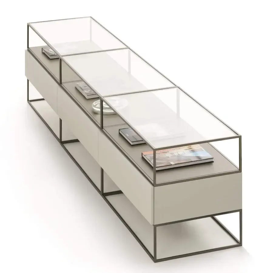 Distinguished Ditre Italia Unit sideboard with light beige painted wood, glass showcases and a darker gray metal base