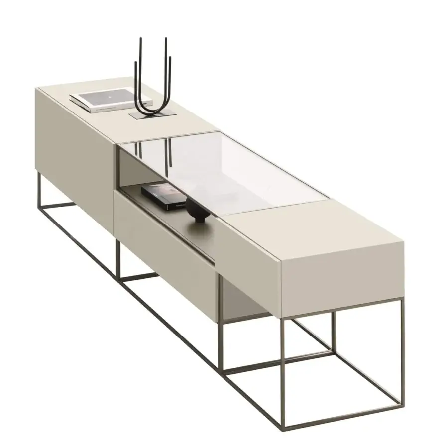 Exceptional Ditre Italia Unit sideboard with light beige matte finish, glass showcases and sleek metal base