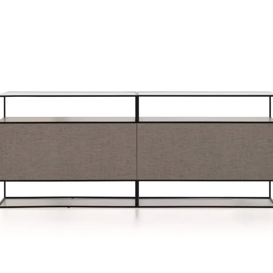 Superior Ditre Italia Unit sideboard with woven light gray textile and matte black metal base presents a harmonious arrangement
