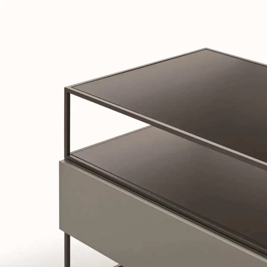 Distinguished Ditre Italia Unit sideboard with grayish-taupe painted wood and dark matte top elevated by thin metal legs
