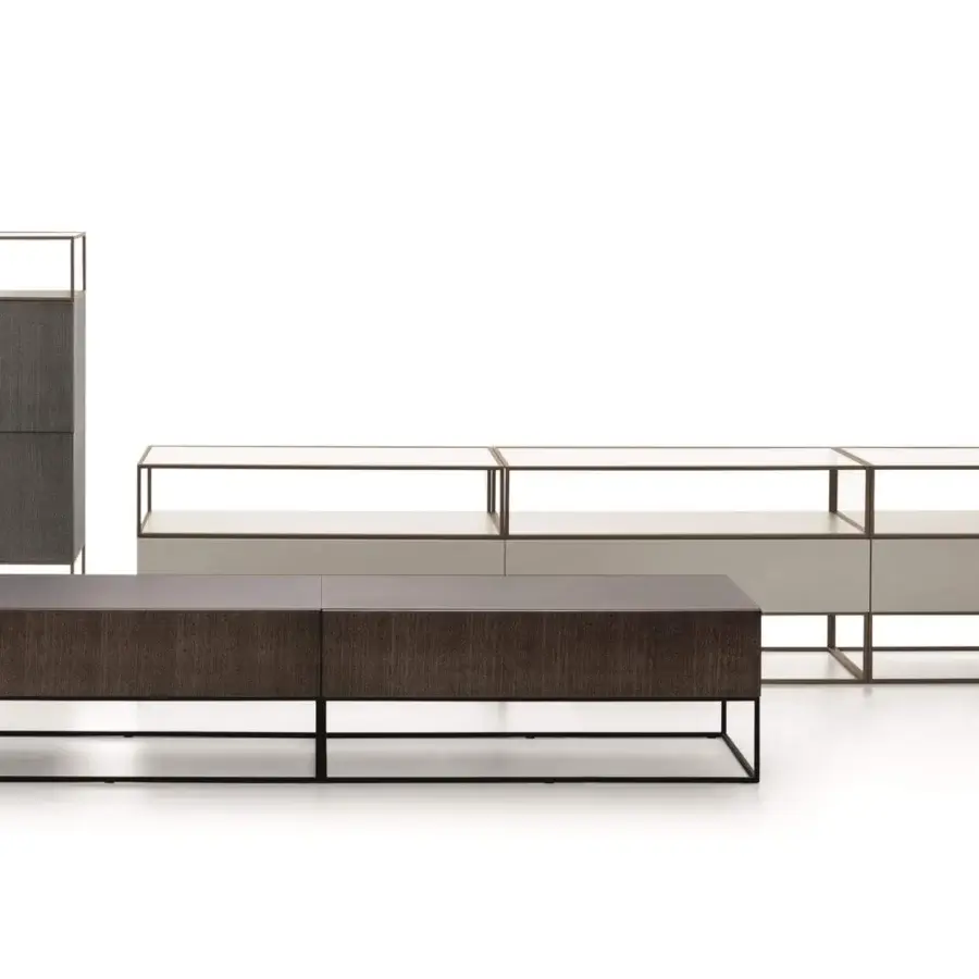 Superior Ditre Italia Unit sideboard exhibiting alternating solids and voids with a light gray finish and dark metal base