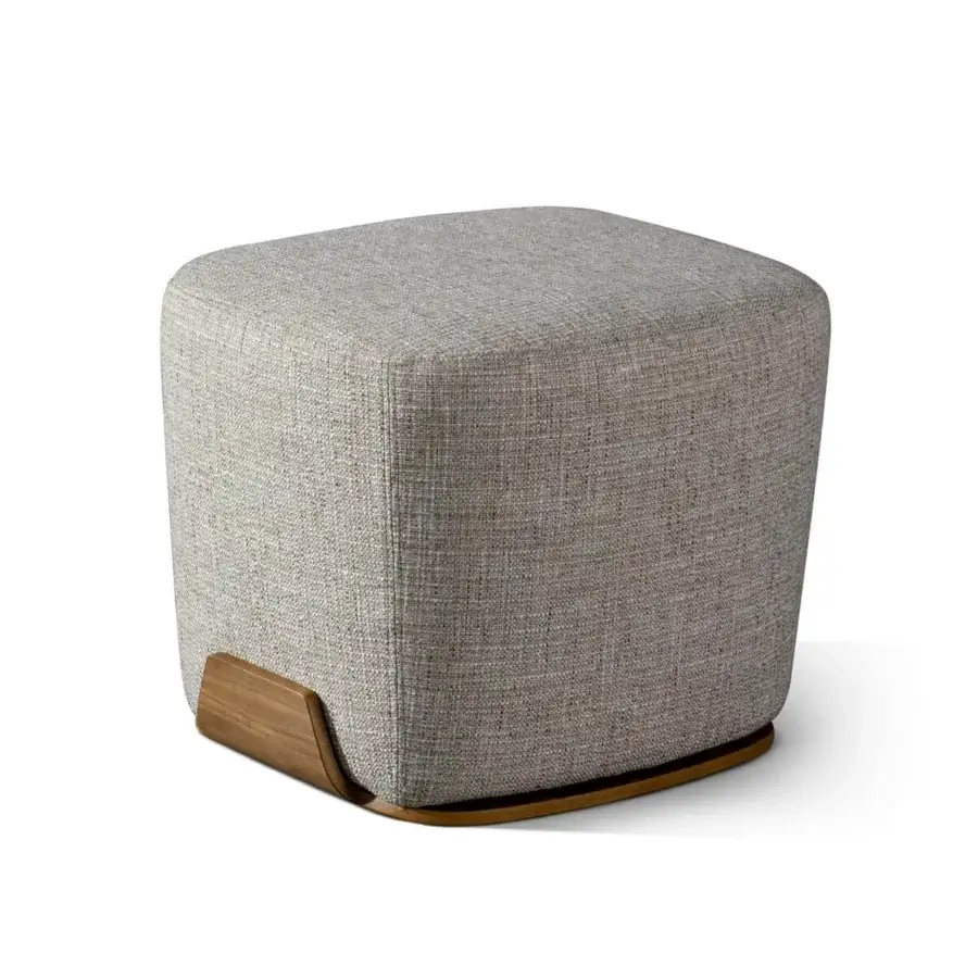 Exceptional Bonaldo Olos ottoman with curved Canaletto Walnut base upholstered in textured blended light gray woven fabric