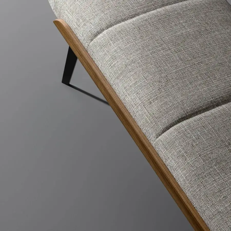 Superior Bonaldo Olos bench with light gray padding and curved Canaletto Walnut wood detail crafted with slender bronze metal legs