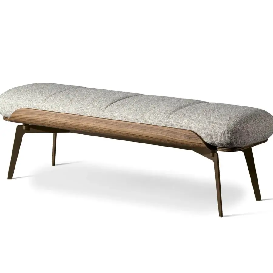 Distinguished Bonaldo Olos bench with heathered upholstery and curved Canaletto Walnut wood detailing built with slender bronze metal legs