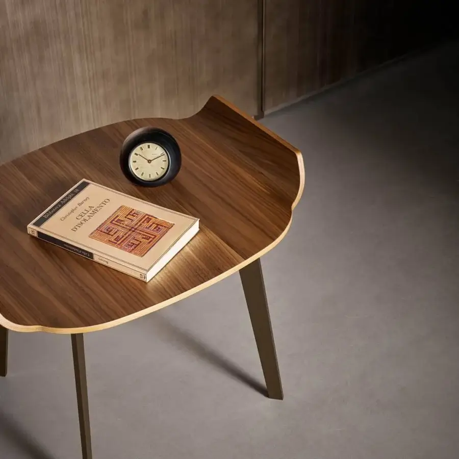 Superior Bonaldo Olos nightstand with curved wood top and slender metal legs in a warm medium-brown finish
