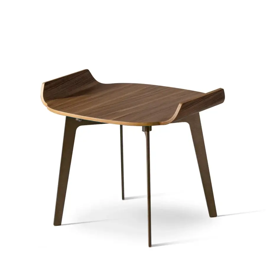 Elegant Bonaldo Olos nightstand with a curved wood top and smooth medium-brown finish built with slender metal legs