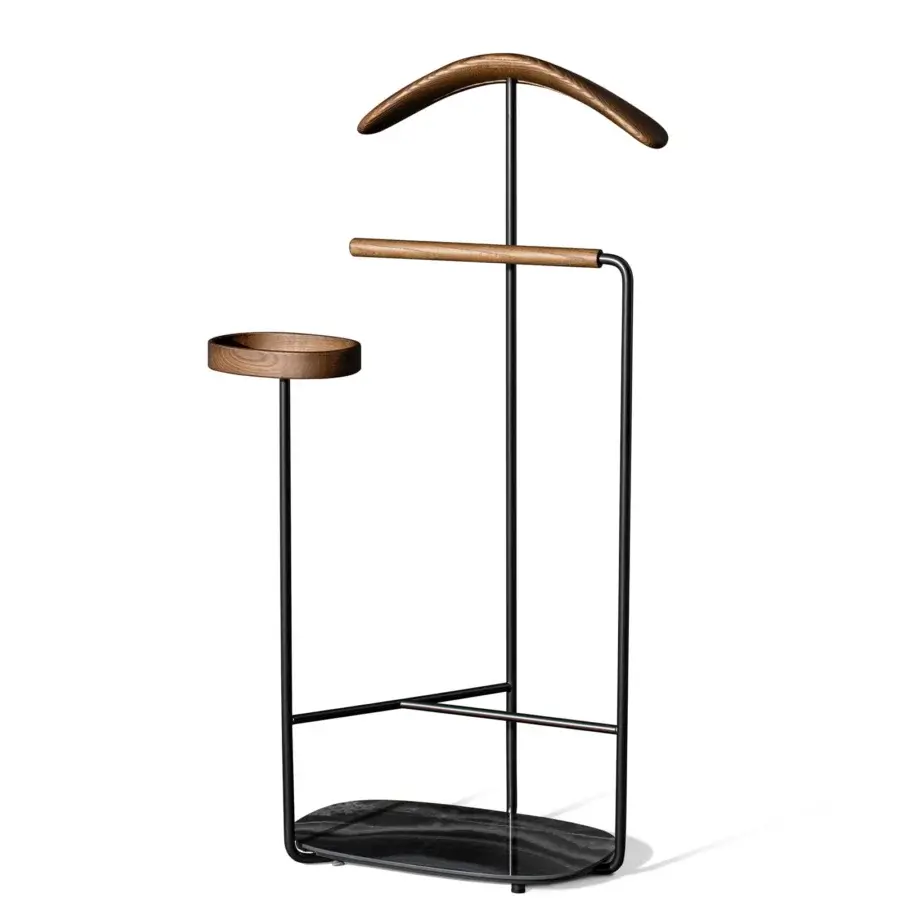 Superior Bonaldo Luigio valet stand with tubular metal elements, warm brown wood, and a black marble-textured base crafted in a matte finish