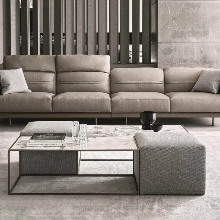 Elegant Ditre Italia Unit coffee table with rectangular stoneware, fabric and cool gray marble-like finish