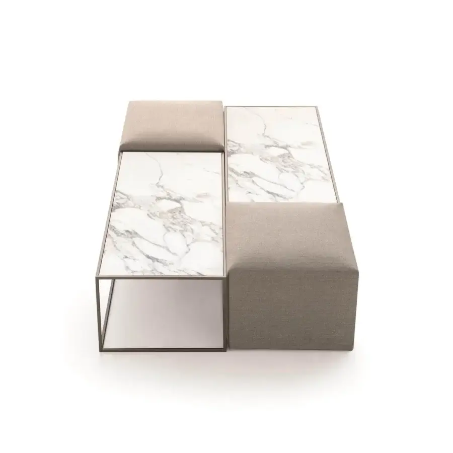 Architectural Ditre Italia Unit coffee table with light brown upholstery, white stoneware and dark metal framing