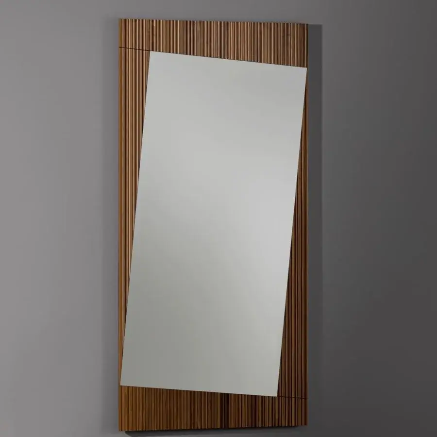 Superior Bonaldo Musa mirror with dynamically angled reflective surface and ribbed Canaletto Walnut wood frame in glossy finish
