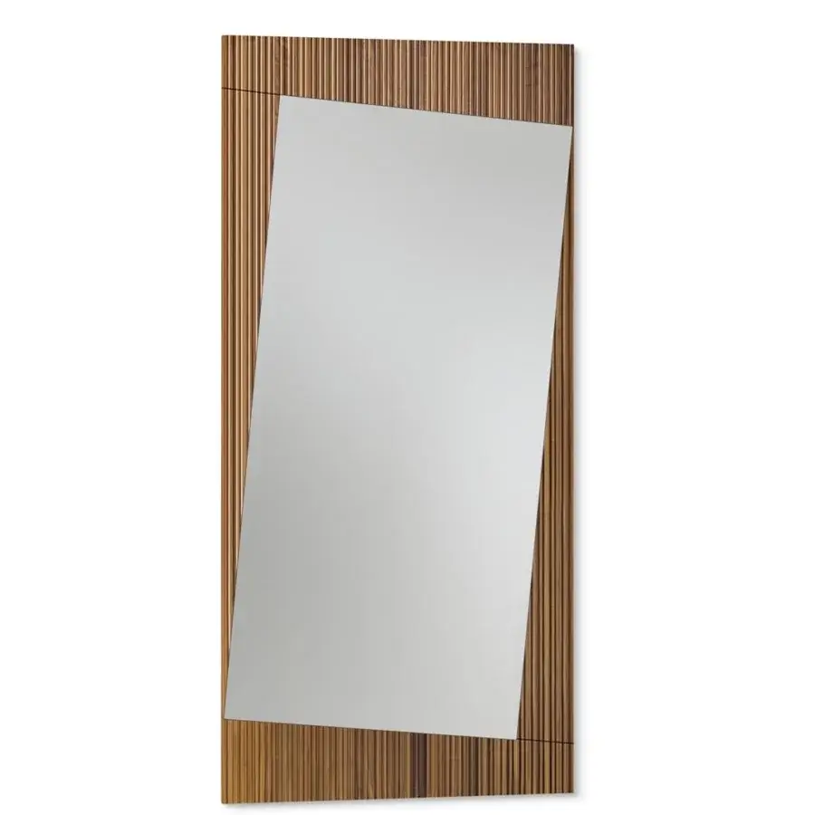 Distinctive Bonaldo Musa mirror with a reflective light gray surface set within a ribbed Canaletto Walnut wood frame