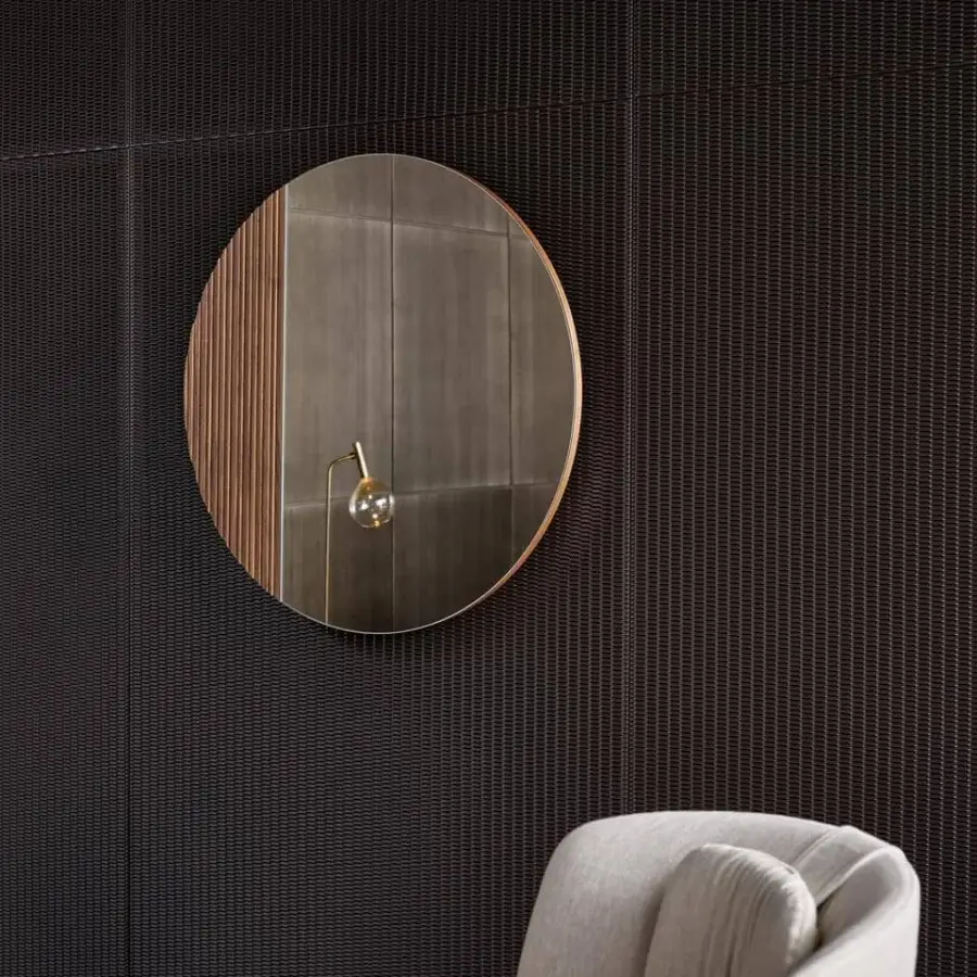 Harmonious Bonaldo Musa mirror crafted in Italy with ribbed Canaletto Walnut wood and a slender gold metallic band