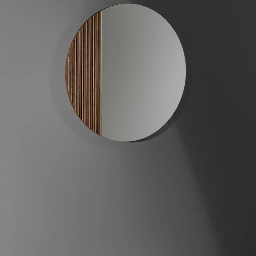 Elegant Bonaldo Musa mirror with a reflective surface and textured ribbed Canaletto Walnut wood frame crafted in Italy
