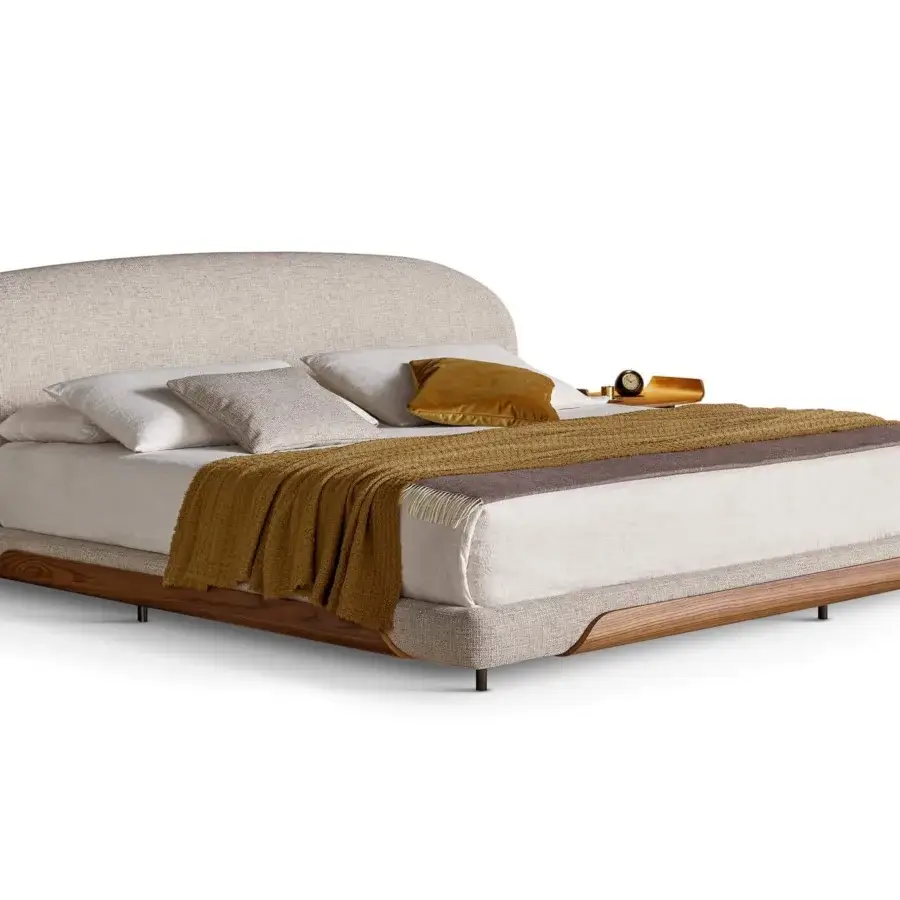 Lavish Bonaldo Olos bed crafted in neutral textile with curved Canaletto Walnut wood and slender matt varnished metal legs