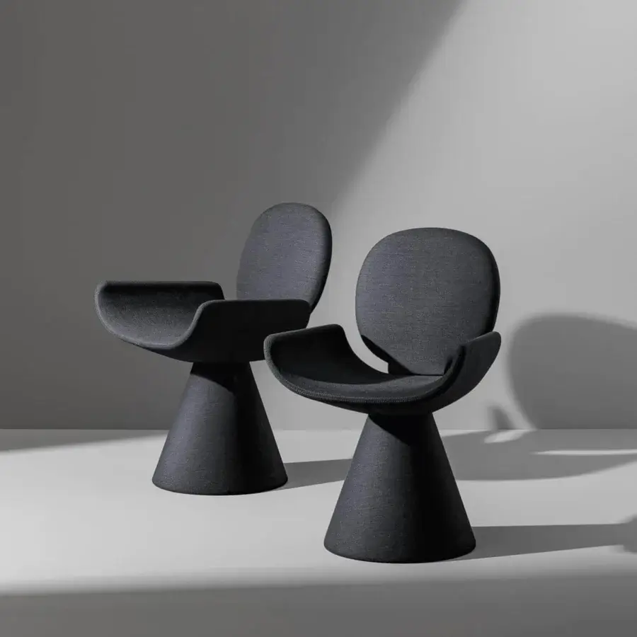 Distinguished Bonaldo Youpi armchair upholstered in matte dark gray textile with a conical base and embracing silhouette