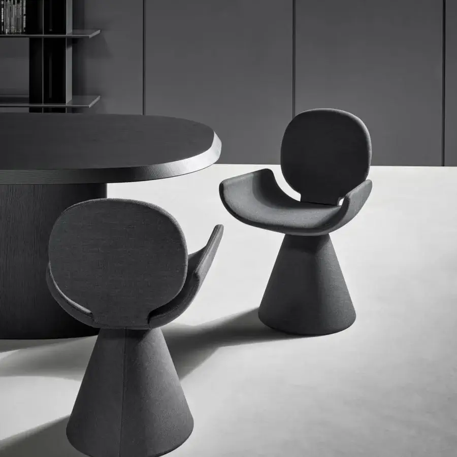 Exceptional Bonaldo Youpi armchair upholstered in matte dark gray textile with a flared conical base