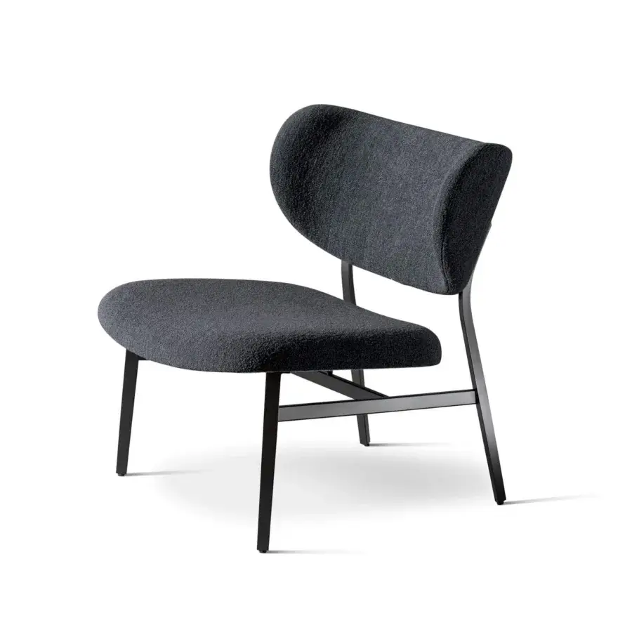 Exceptional Bonaldo Noor lounge chair with organic silhouette upholstered in dark textured fabric and refined matte metal base