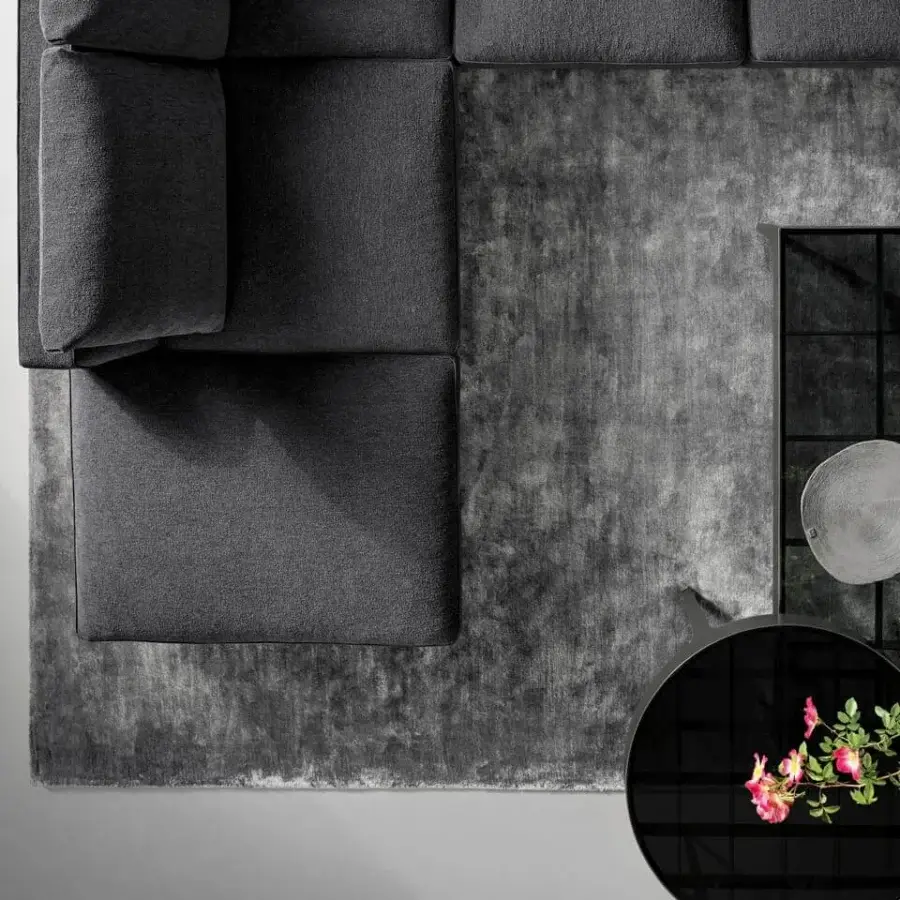 Superior Bonaldo Casablanca rug crafted in Italy with dark gray Tencel and cotton exhibiting a distressed textured appearance