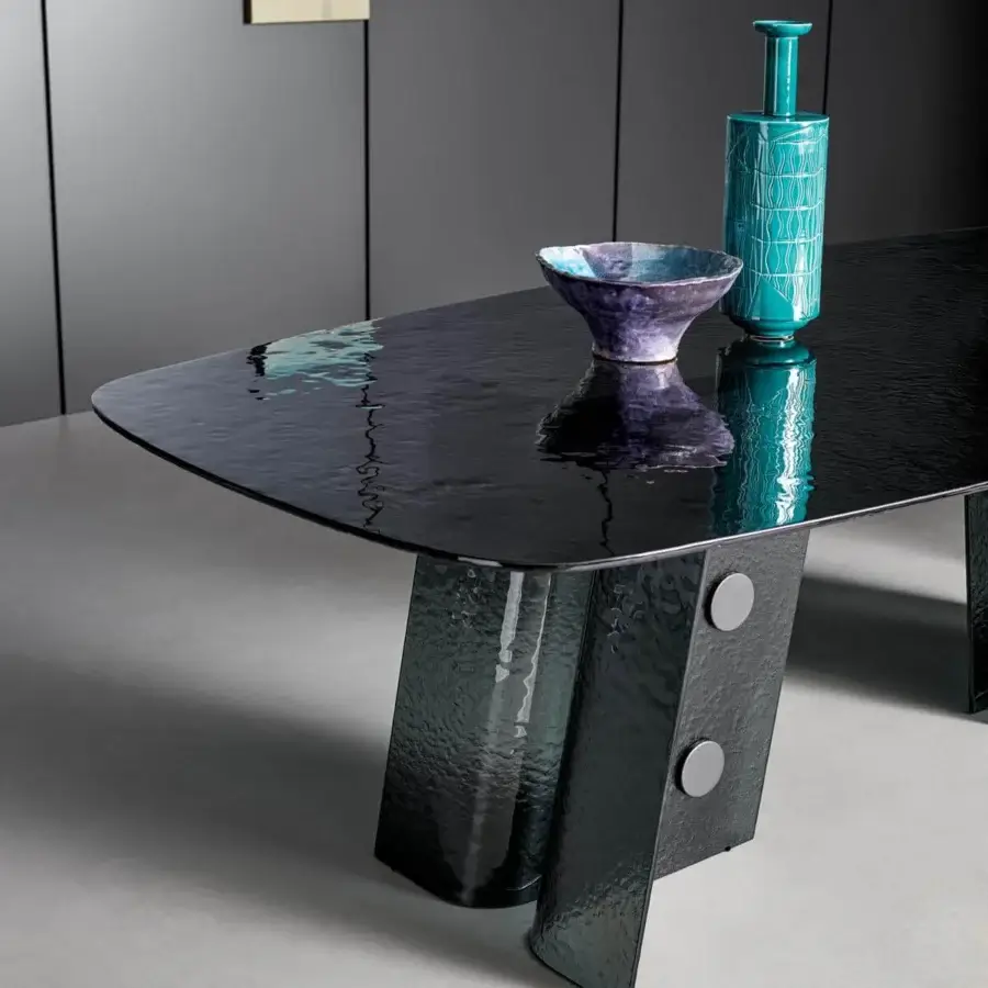 Exclusive Bonaldo Botón table with a glossy smoked tempered cast glass top and coordinating glass strips with lead plus metal inserts