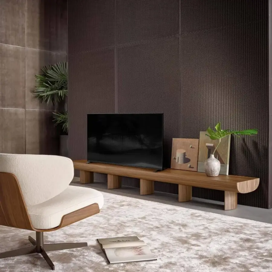 Exceptional Bonaldo Sculptural TV stand crafted in veneer wood with Coal oak finish offering a contemporary design