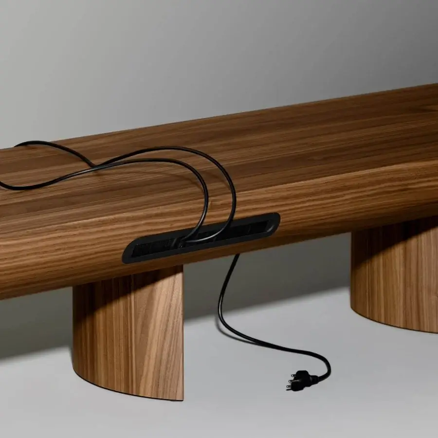 Elegant Bonaldo Sculptural TV stand crafted in Canaletto veneer wood with a downward arcing surface and rich brown tones