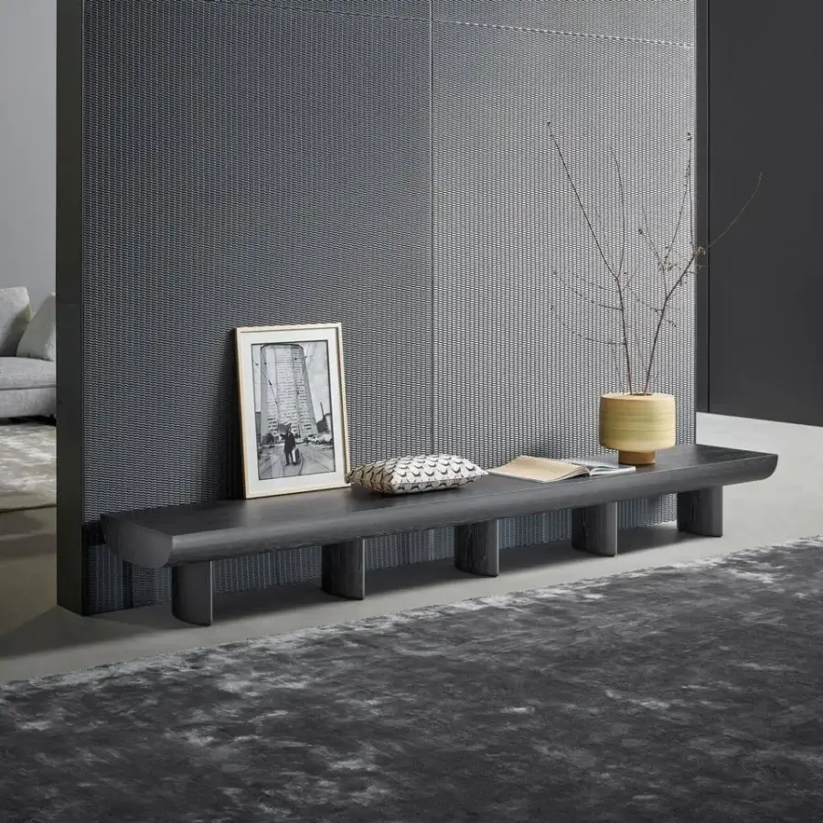 Superior Bonaldo Sculptural TV stand in dark gray matte charcoal oak with a subtly arced surface and integrated cable management